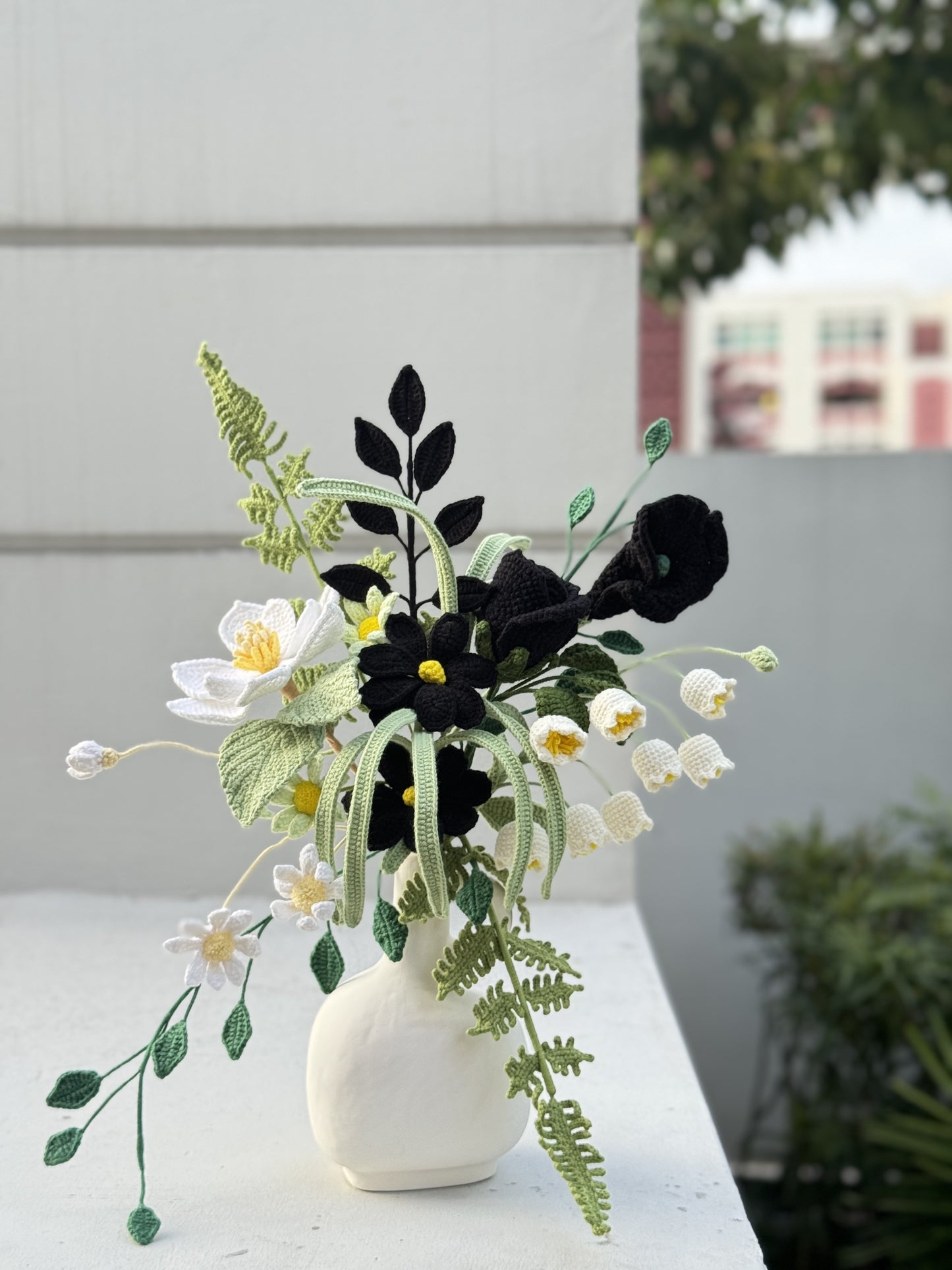 Handmade Green and Black Crochet Bouquet – Unique Floral Arrangement