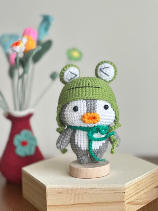 Crochet Penguin with Frog Hat