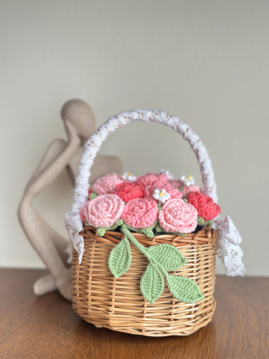 Rose Basket Crochet Flower Arrangement