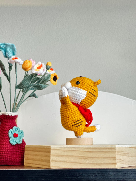 Yellow Kitten with Red Scarf | Playful Crochet Kitten Toy